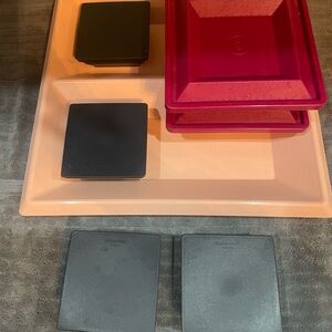 Vintage Tupperware Get Together 7pc Serving Tray Set Pink Black Fuchsia
